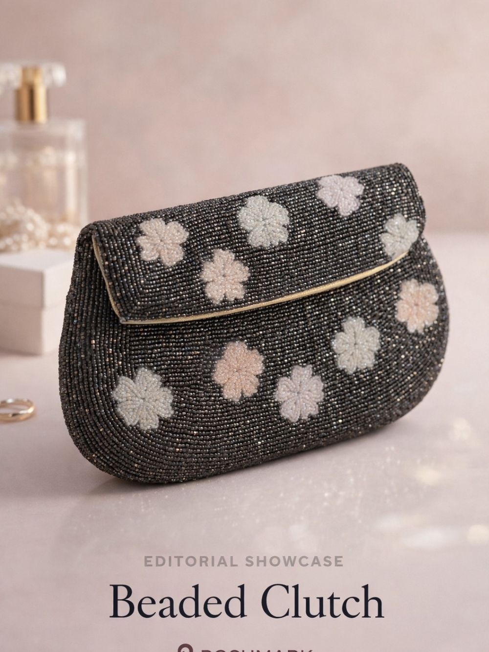 Vintage Black Beaded Floral Clutch Satin Lined Texture Wedding Cocktail Formal